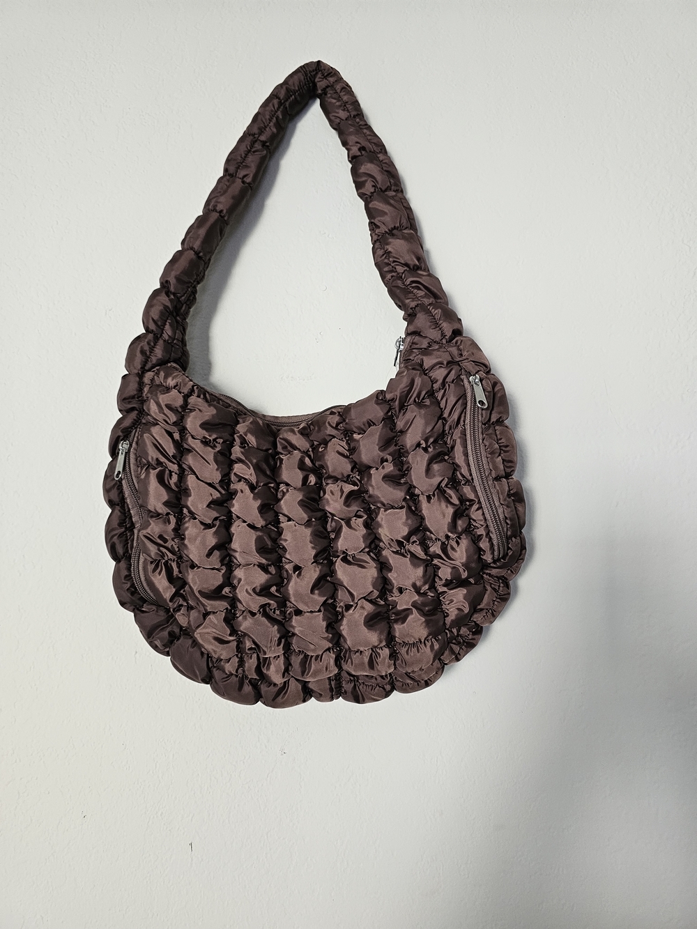 Quilted Crescent Shoulder Bag in Chocolate Brown